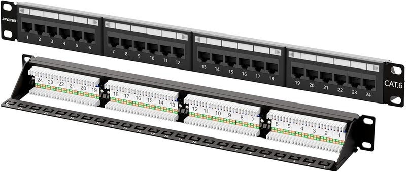 FGBB 24-Port Cat6 Patch Panel, 1U 19" Rackmount or Wall Mount RJ45 Ethernet Patch Panel for Gigabit Networks - Image 1